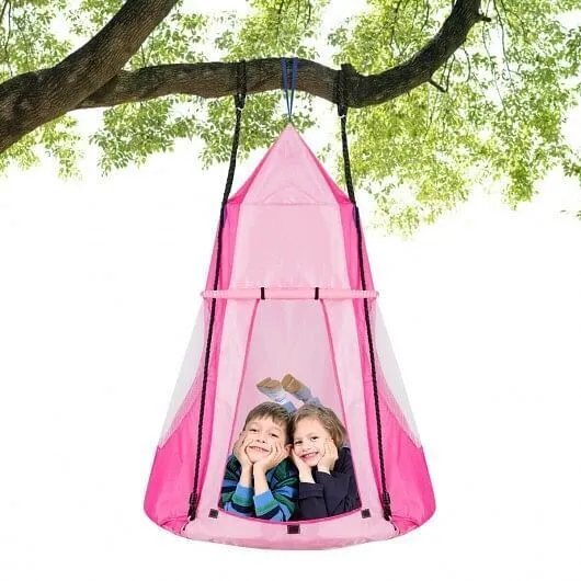 2-in-1 40 Inch Kids Hanging Chair Detachable Swing Tent Set-Pink - Color: Pink