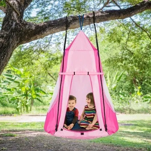 2-in-1 40 Inch Kids Hanging Chair Detachable Swing Tent Set-Pink - Color: Pink