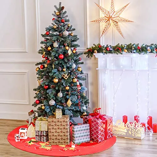 48”Christmas Tree Skirt, Classic Double Layer Snow Flower Elk Christmas Santa Xmas Tree Skirts for Holiday Christmas Decorations Indoor or Outdoor