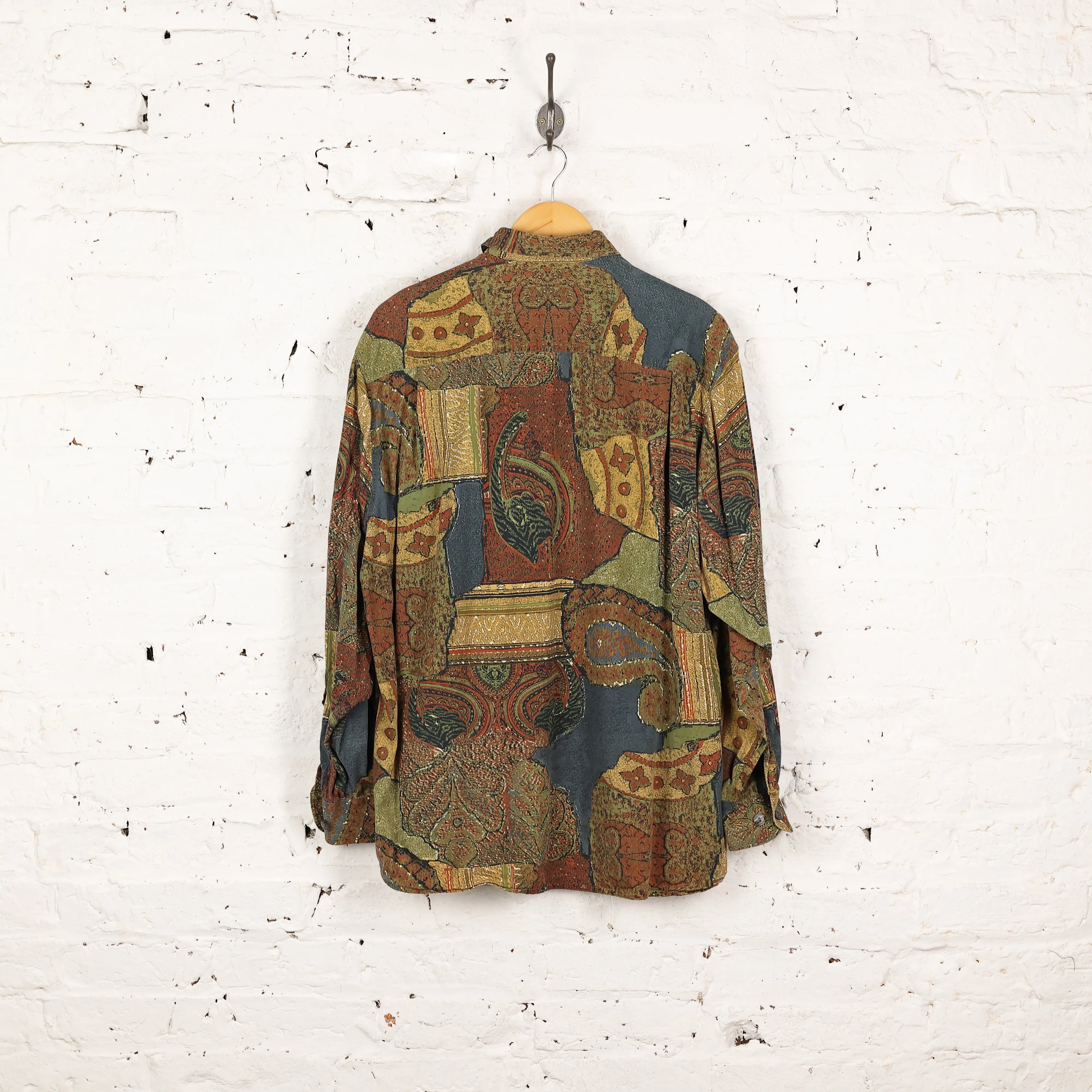 90s Long Sleeve Pattern Shirt - Green - L
