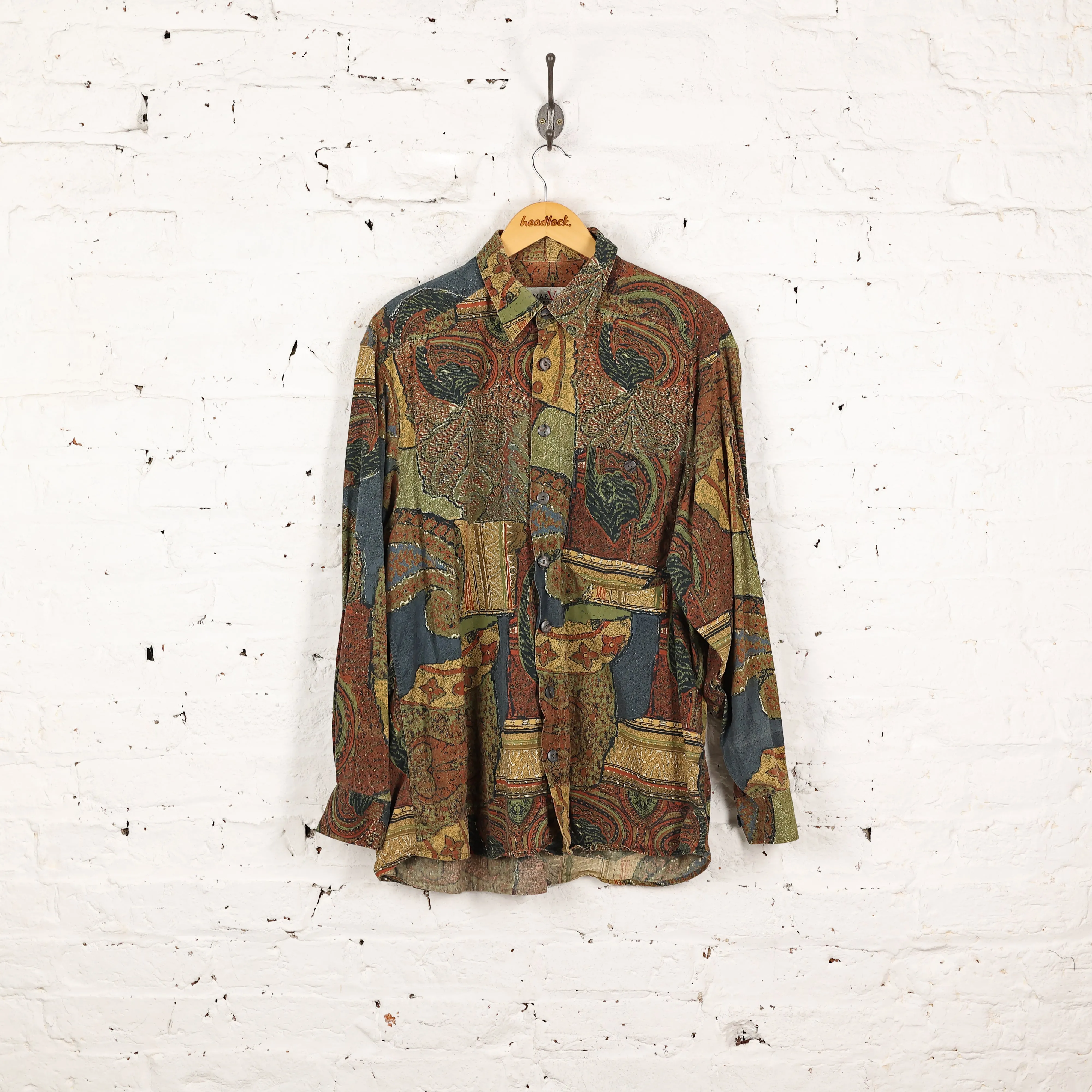 90s Long Sleeve Pattern Shirt - Green - L