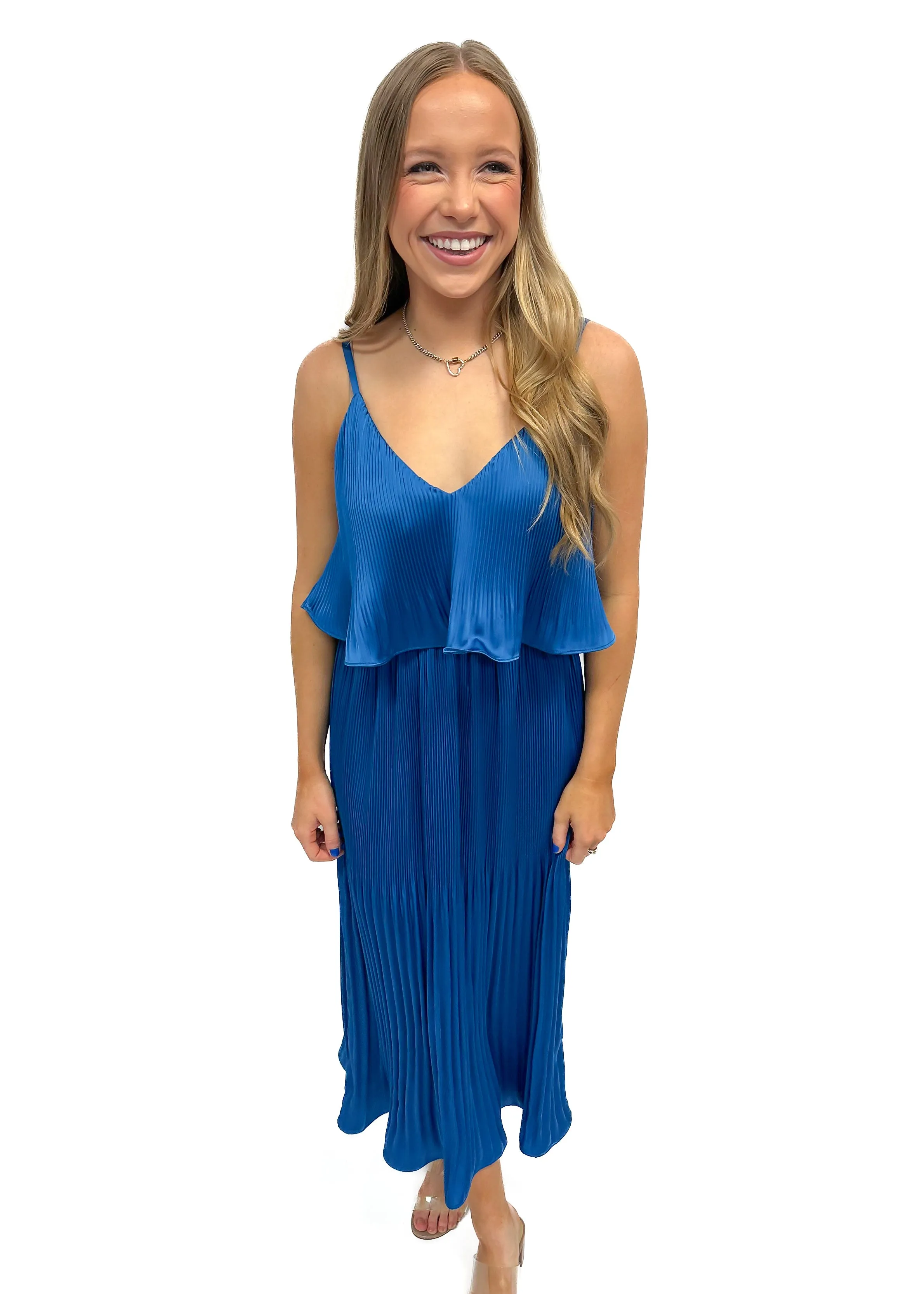 Adelyn Rae Nayla Overlay Pleated Midi Dress - Sapphire Blue