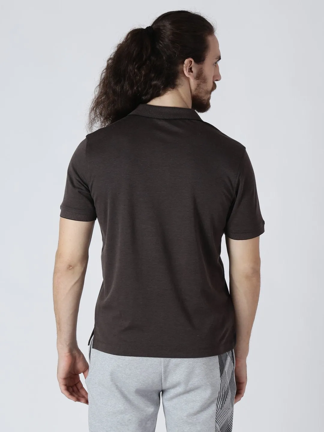 Alcis Men Brown Solid Polo Collar Slim Fit T-shirt