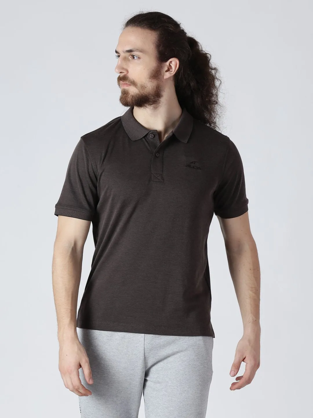 Alcis Men Brown Solid Polo Collar Slim Fit T-shirt