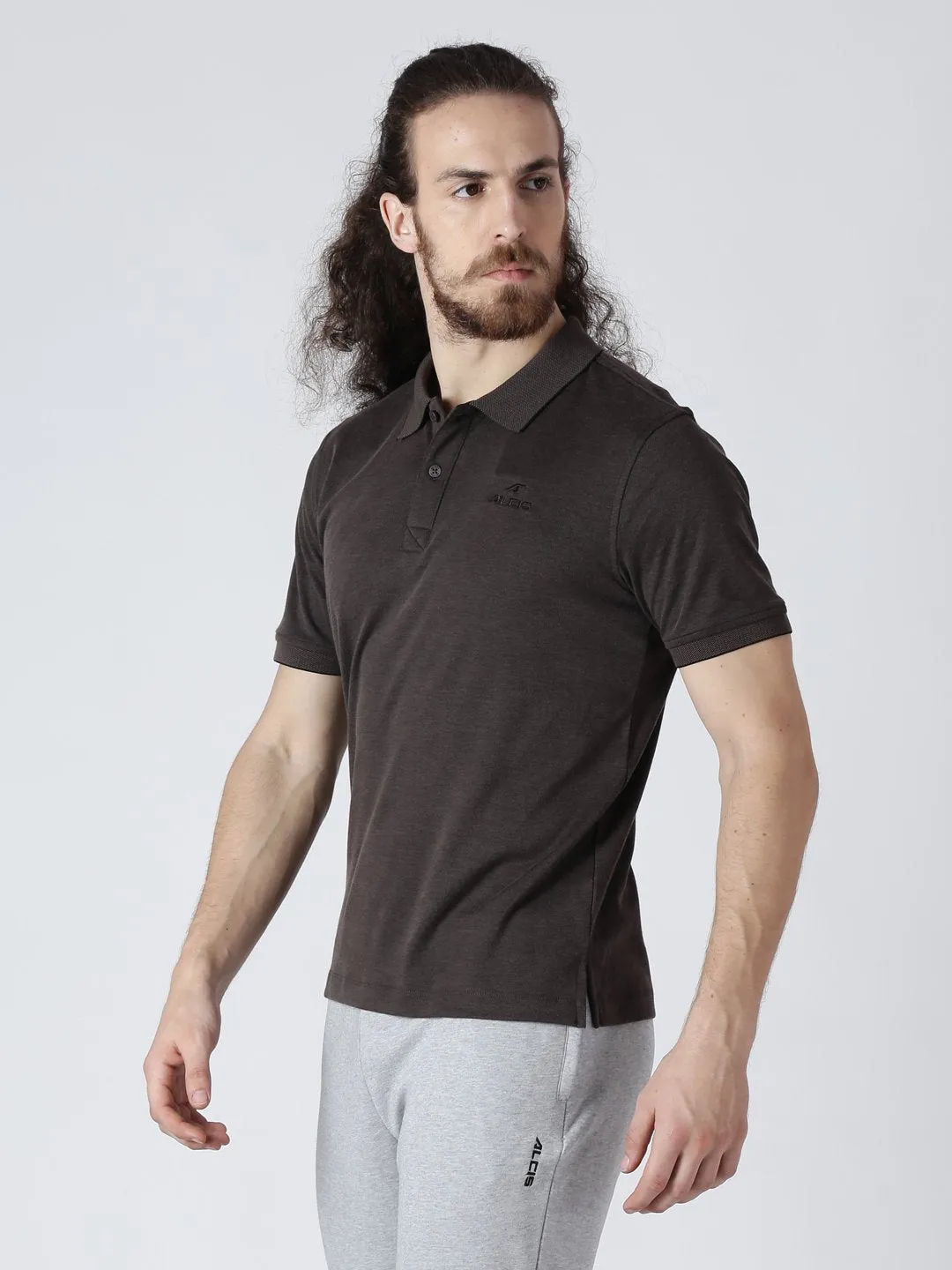 Alcis Men Brown Solid Polo Collar Slim Fit T-shirt