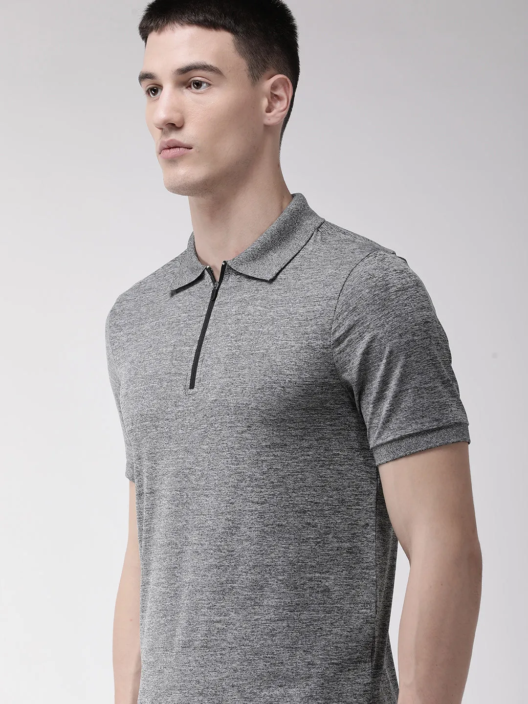 Alcis Men Charcoal Grey Self Design Polo Collar T-shirt