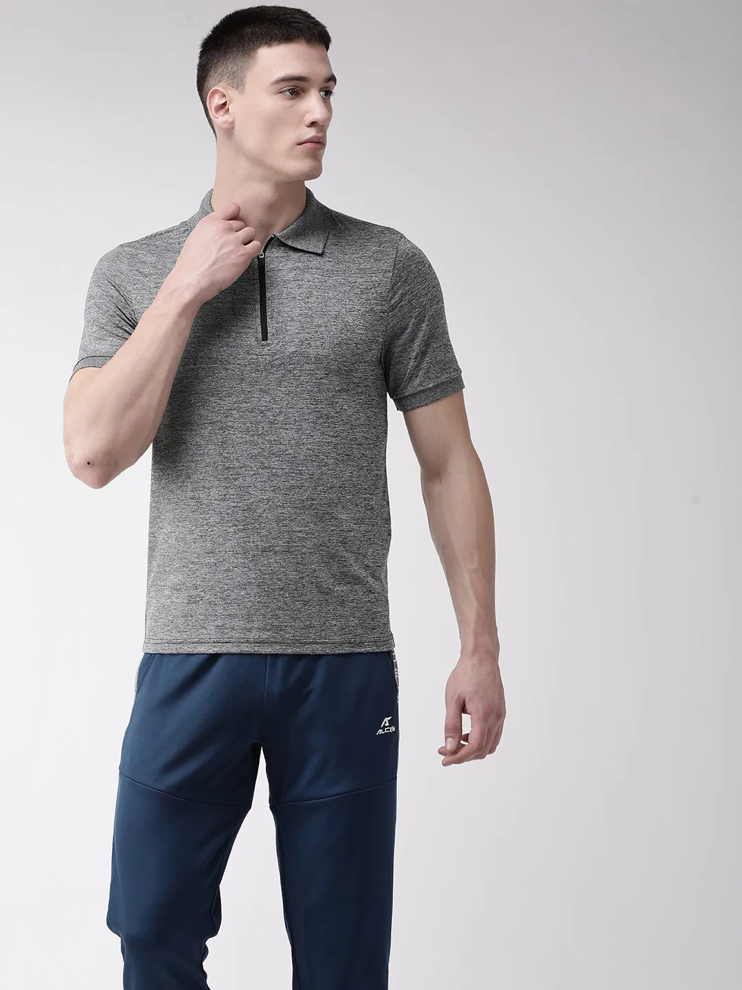 Alcis Men Charcoal Grey Self Design Polo Collar T-shirt