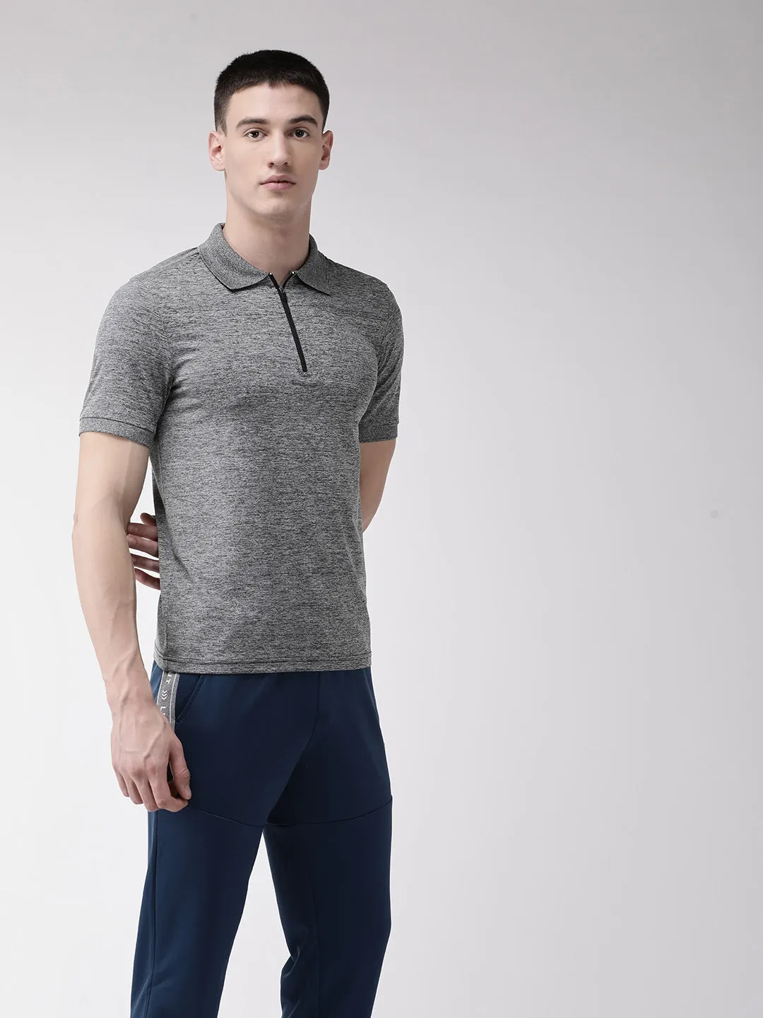 Alcis Men Charcoal Grey Self Design Polo Collar T-shirt