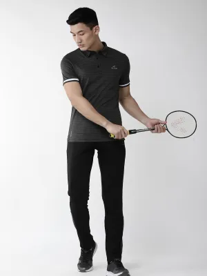 Alcis Men Charcoal Grey Self Striped Polo Collar Outdoor T-shirt