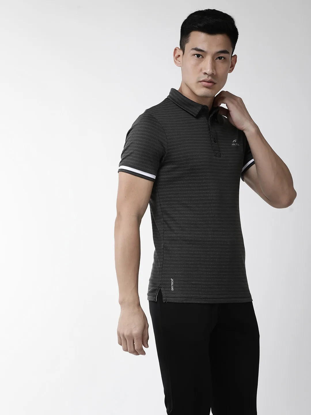 Alcis Men Charcoal Grey Self Striped Polo Collar Outdoor T-shirt
