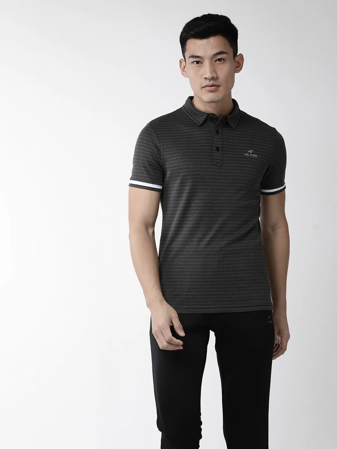 Alcis Men Charcoal Grey Self Striped Polo Collar Outdoor T-shirt