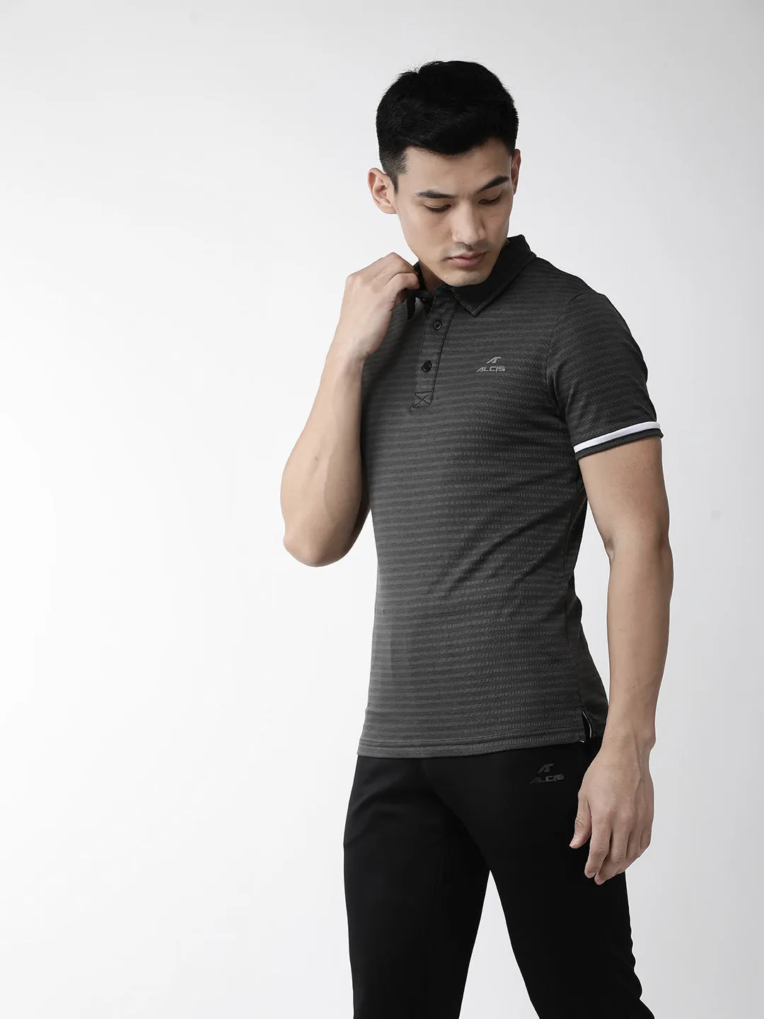 Alcis Men Charcoal Grey Self Striped Polo Collar Outdoor T-shirt