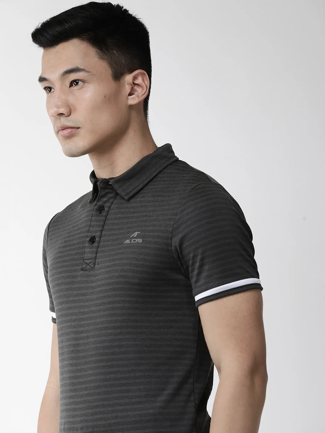 Alcis Men Charcoal Grey Self Striped Polo Collar Outdoor T-shirt