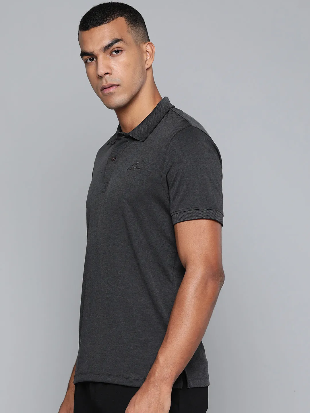 Alcis Men Charcoal Grey Solid Polo Collar T-shirt