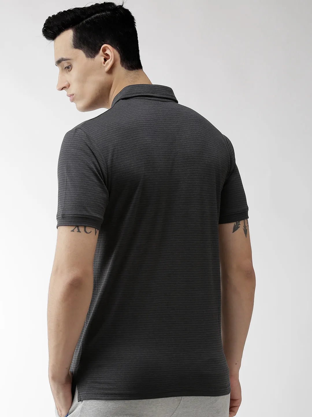 Alcis Men Charcoal Grey Striped Polo Collar Training T-shirt