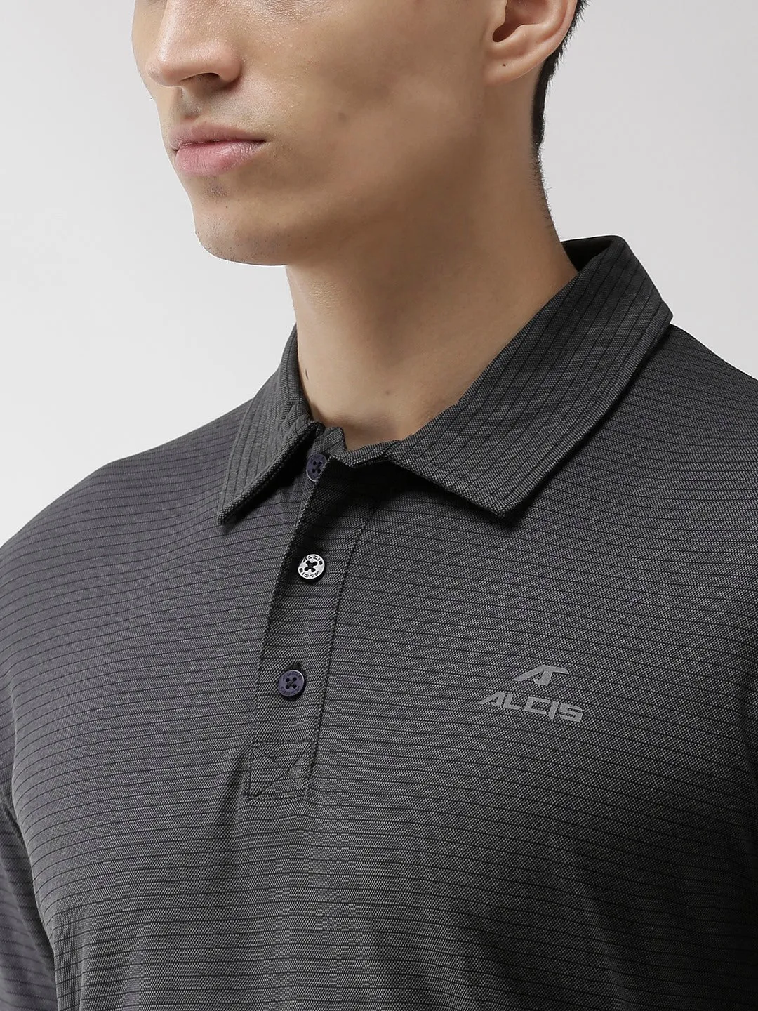 Alcis Men Charcoal Grey Striped Polo Collar Training T-shirt