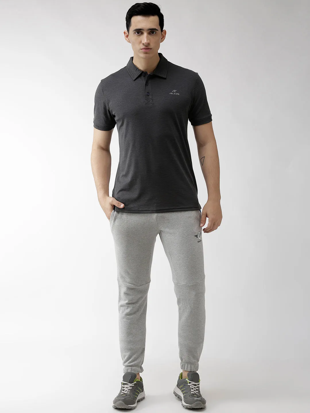 Alcis Men Charcoal Grey Striped Polo Collar Training T-shirt