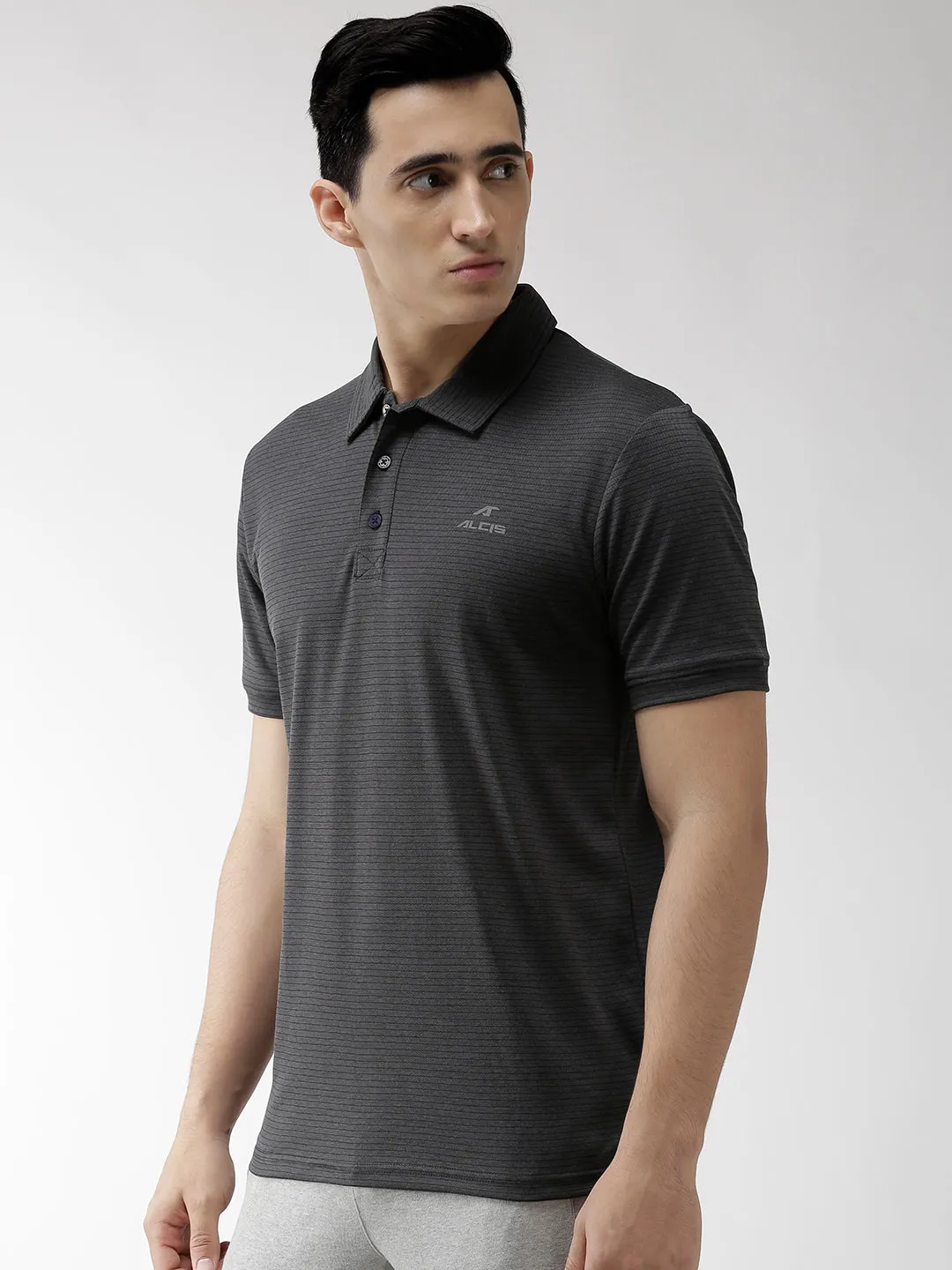 Alcis Men Charcoal Grey Striped Polo Collar Training T-shirt
