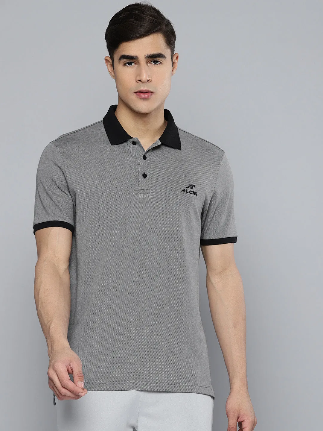 Alcis Men Grey Black Polo Collar T-shirt