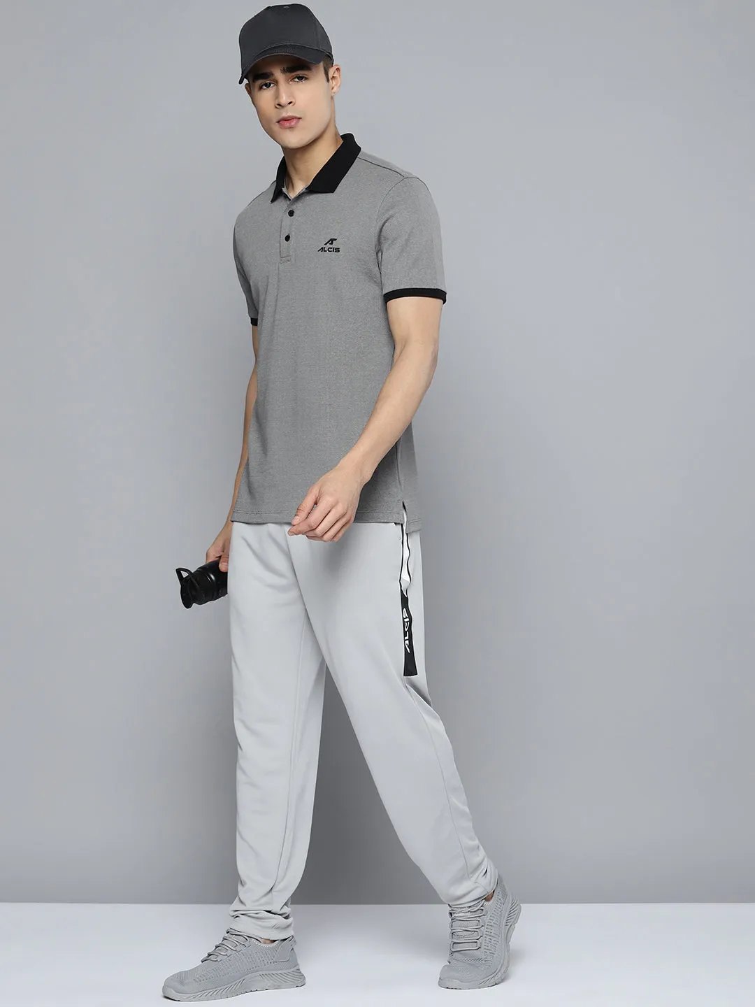 Alcis Men Grey Black Polo Collar T-shirt