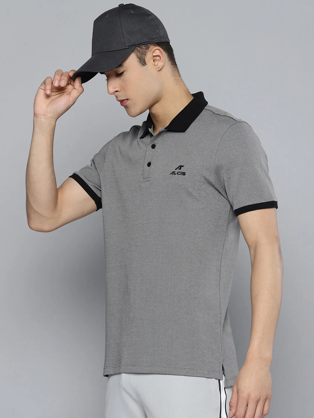 Alcis Men Grey Black Polo Collar T-shirt