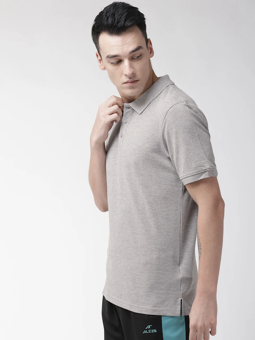 Alcis Men Grey Melange Solid Polo Collar Training T-shirt