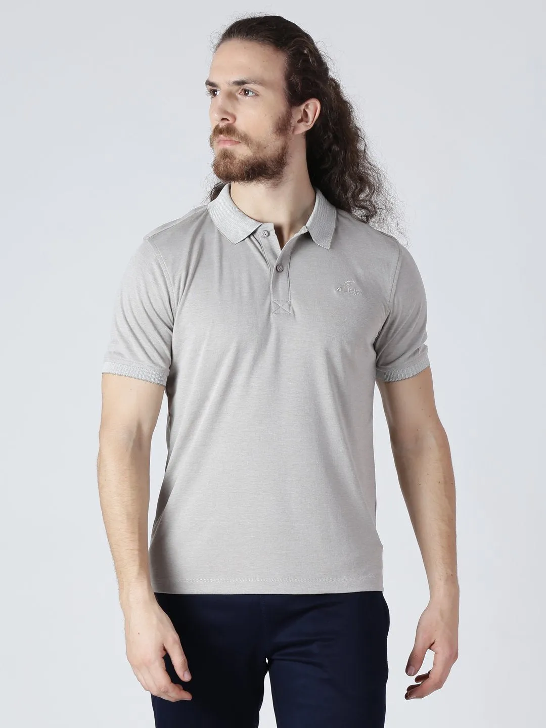 Alcis Men Grey Solid Polo Collar Slim Fit T-shirt