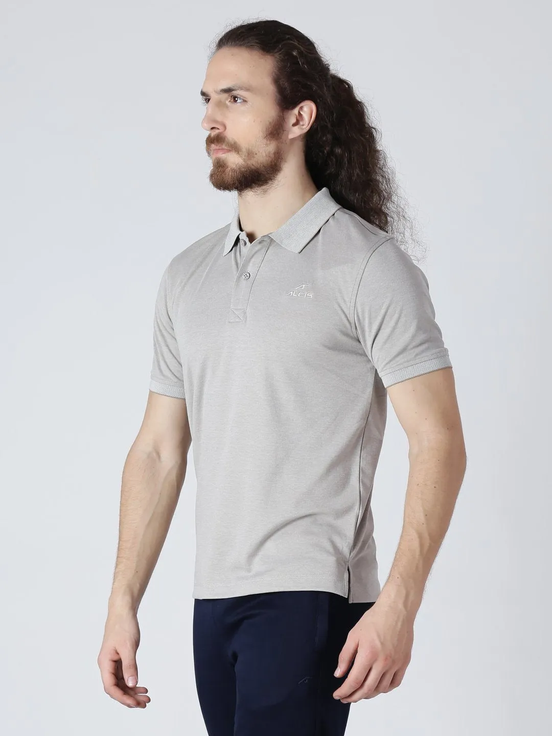 Alcis Men Grey Solid Polo Collar Slim Fit T-shirt