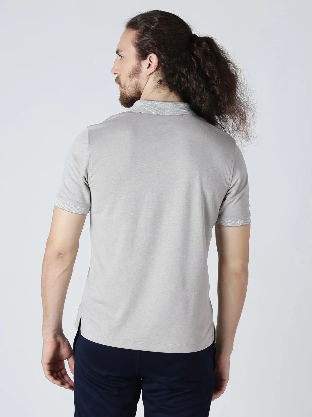 Alcis Men Grey Solid Polo Collar Slim Fit T-shirt