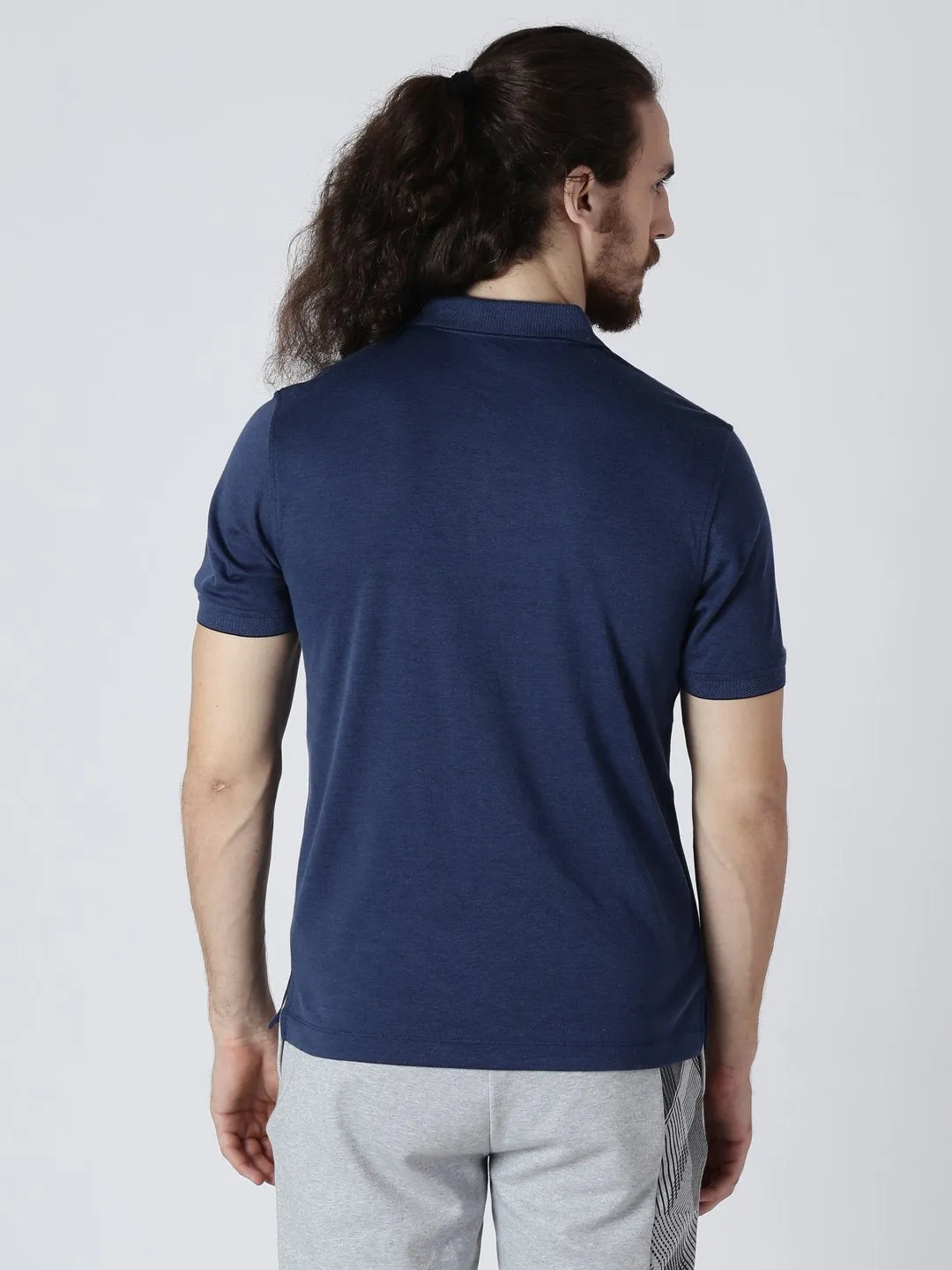 Alcis Men Navy Blue Solid Polo Collar Slim Fit T-shirt