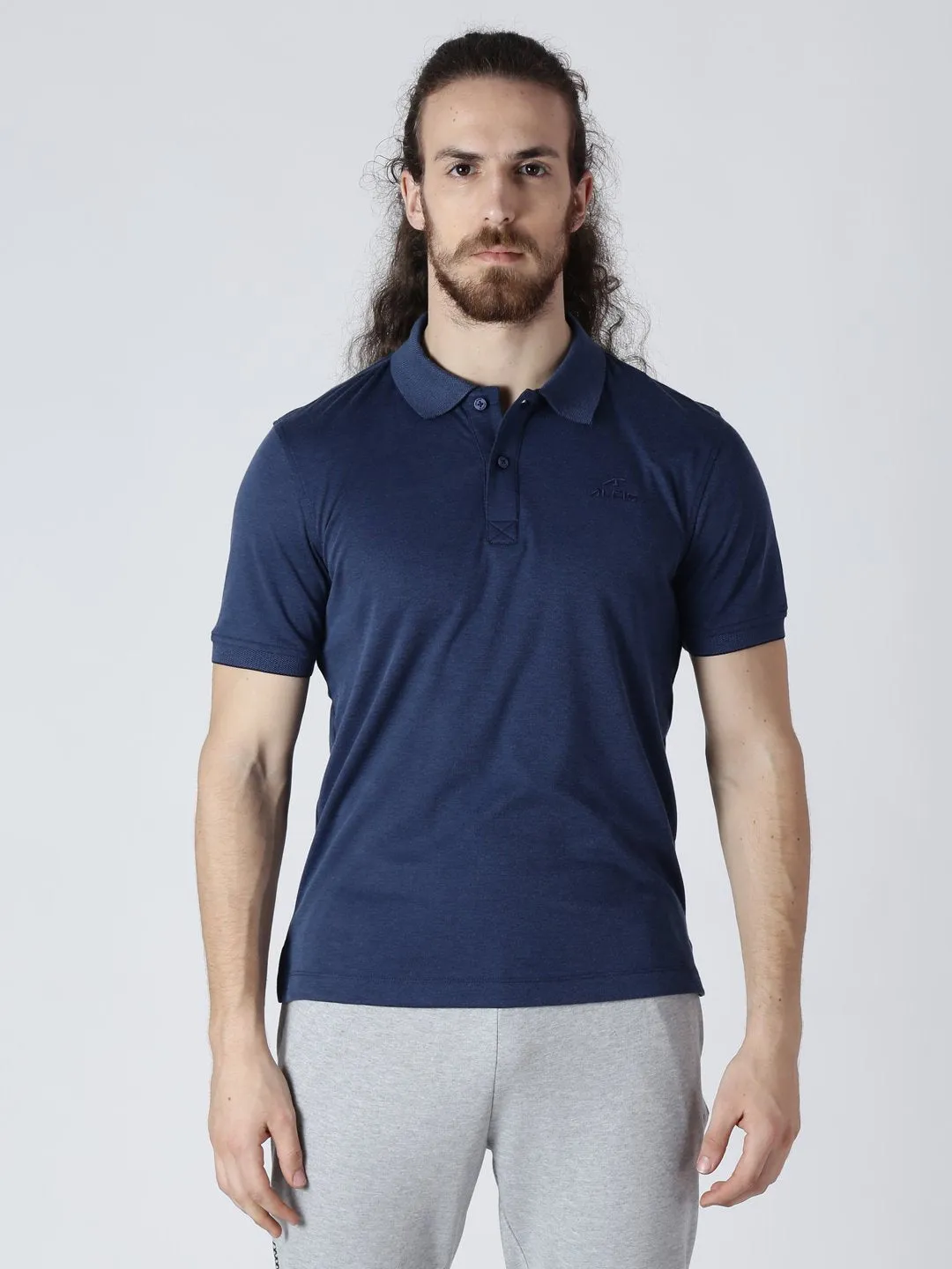 Alcis Men Navy Blue Solid Polo Collar Slim Fit T-shirt