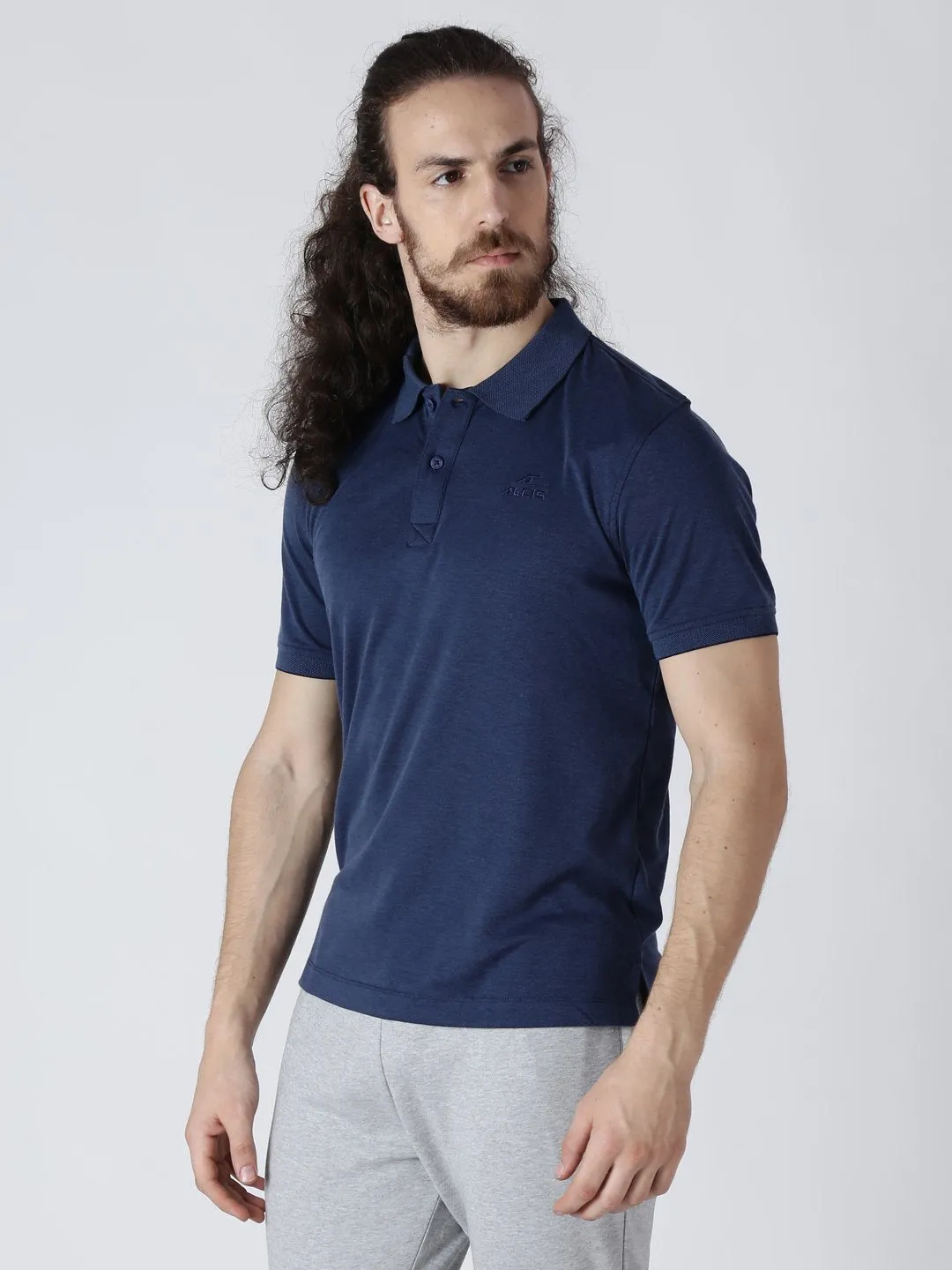 Alcis Men Navy Blue Solid Polo Collar Slim Fit T-shirt