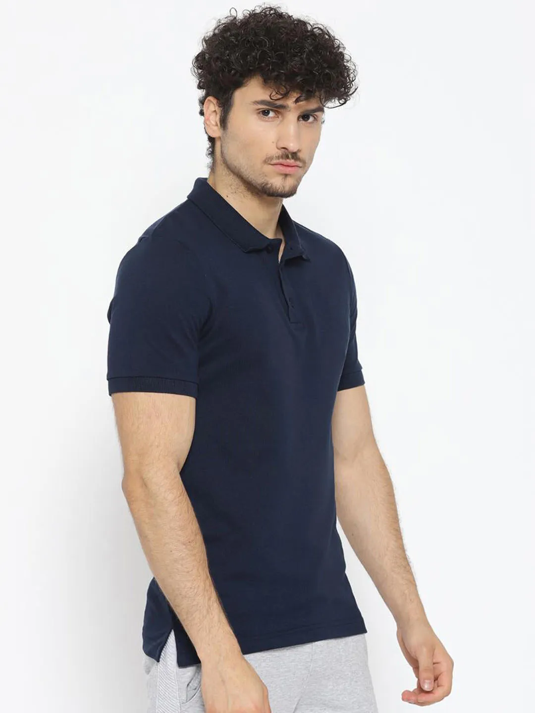 Alcis Men Navy Blue Solid Polo Collar T-shirt