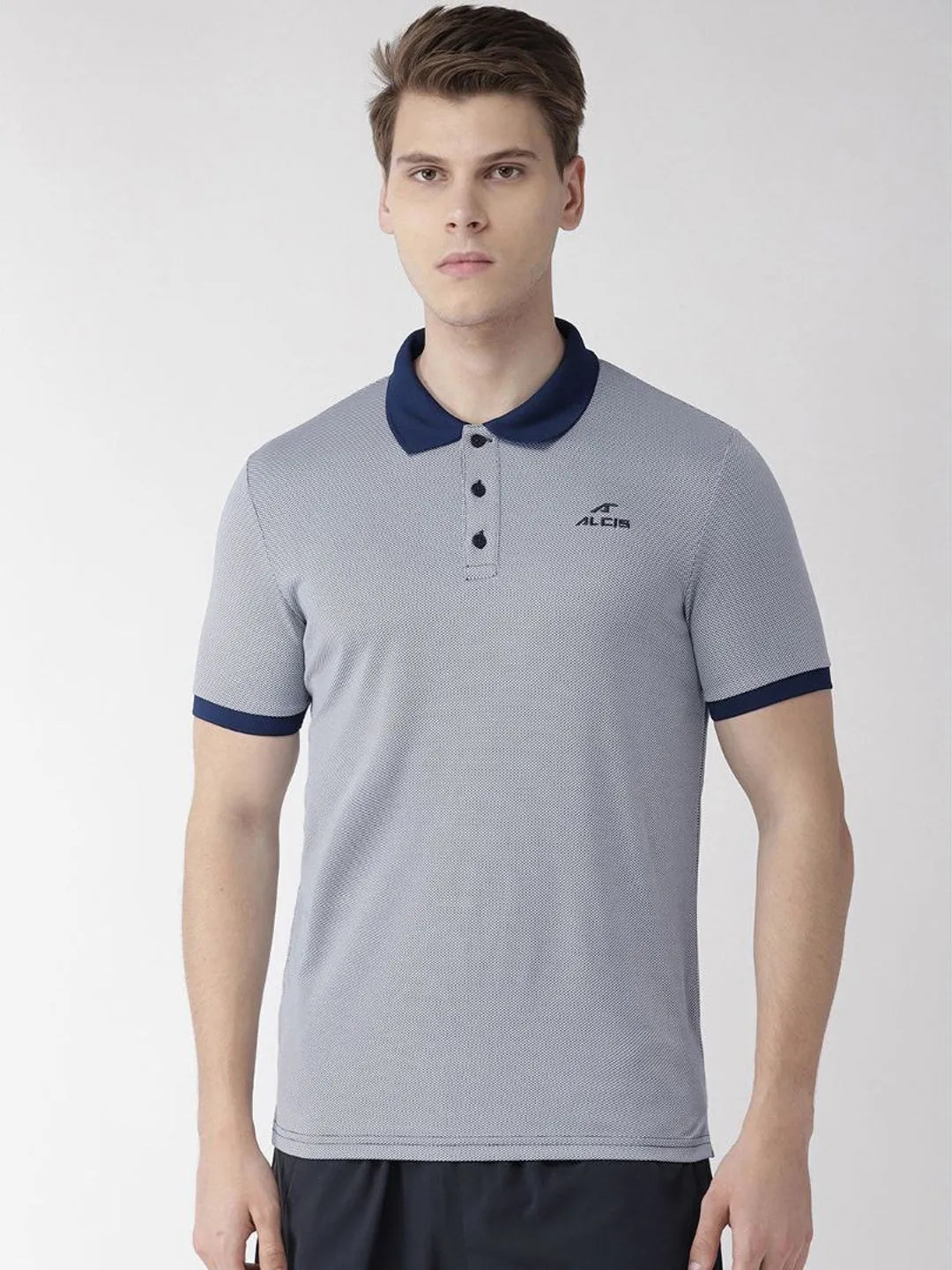 Alcis Men Navy Blue White Slim Fit Self Design Polo Collar T-shirt