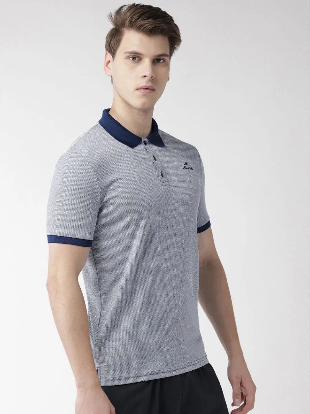 Alcis Men Navy Blue White Slim Fit Self Design Polo Collar T-shirt