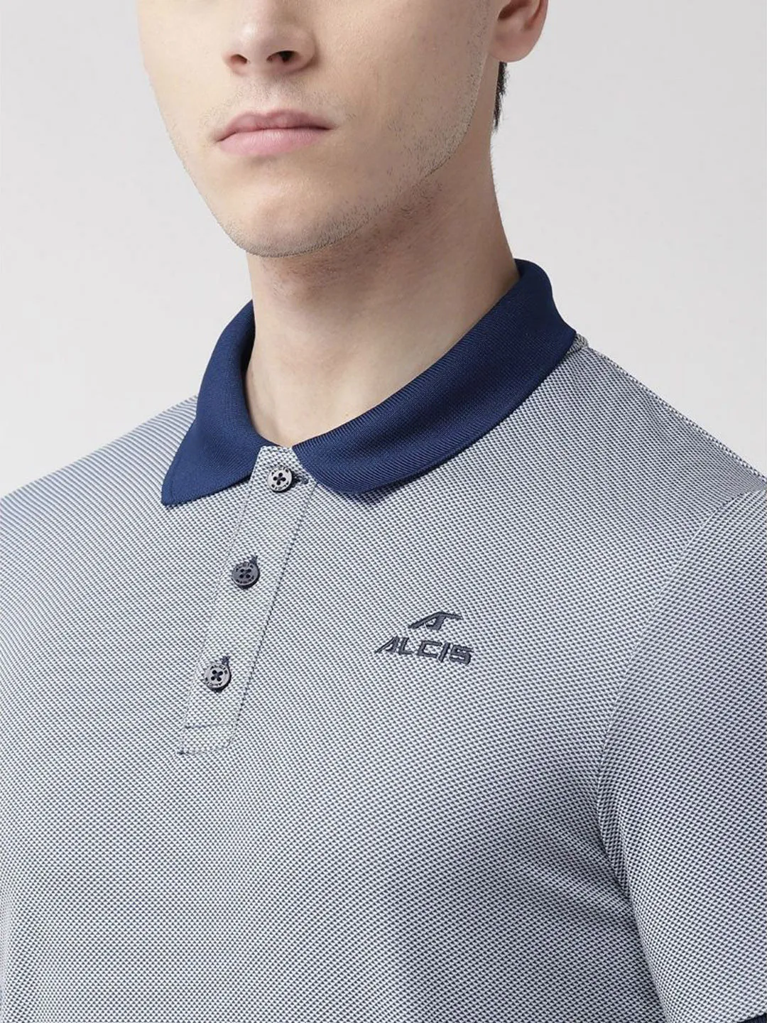 Alcis Men Navy Blue White Slim Fit Self Design Polo Collar T-shirt