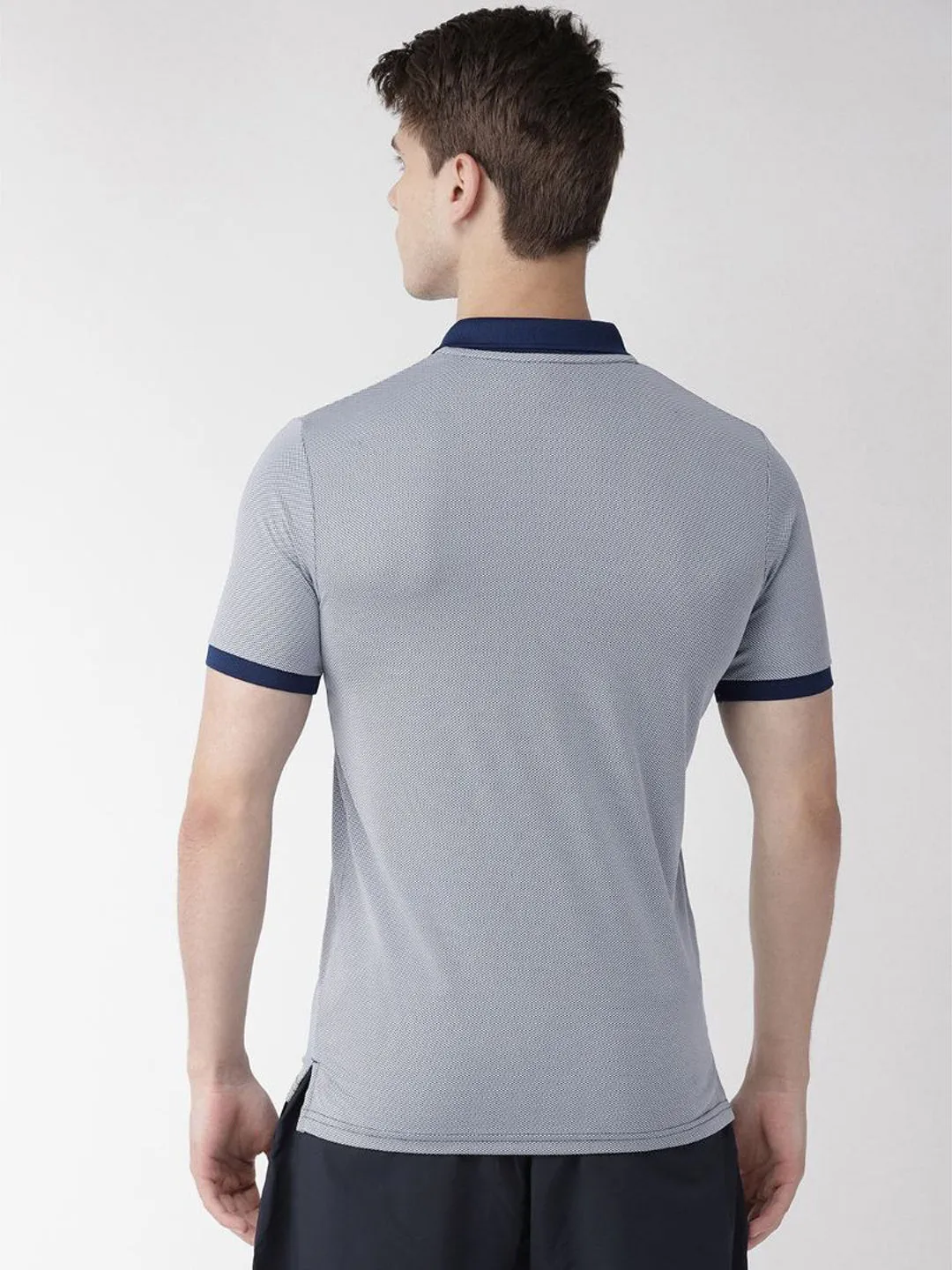 Alcis Men Navy Blue White Slim Fit Self Design Polo Collar T-shirt
