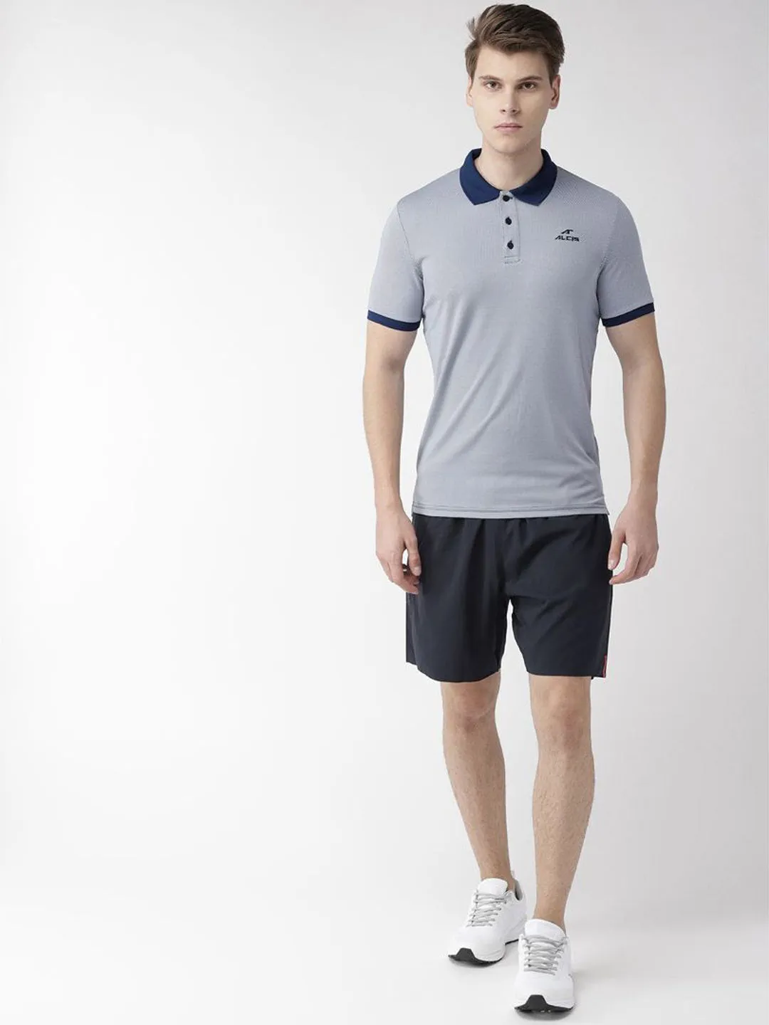 Alcis Men Navy Blue White Slim Fit Self Design Polo Collar T-shirt