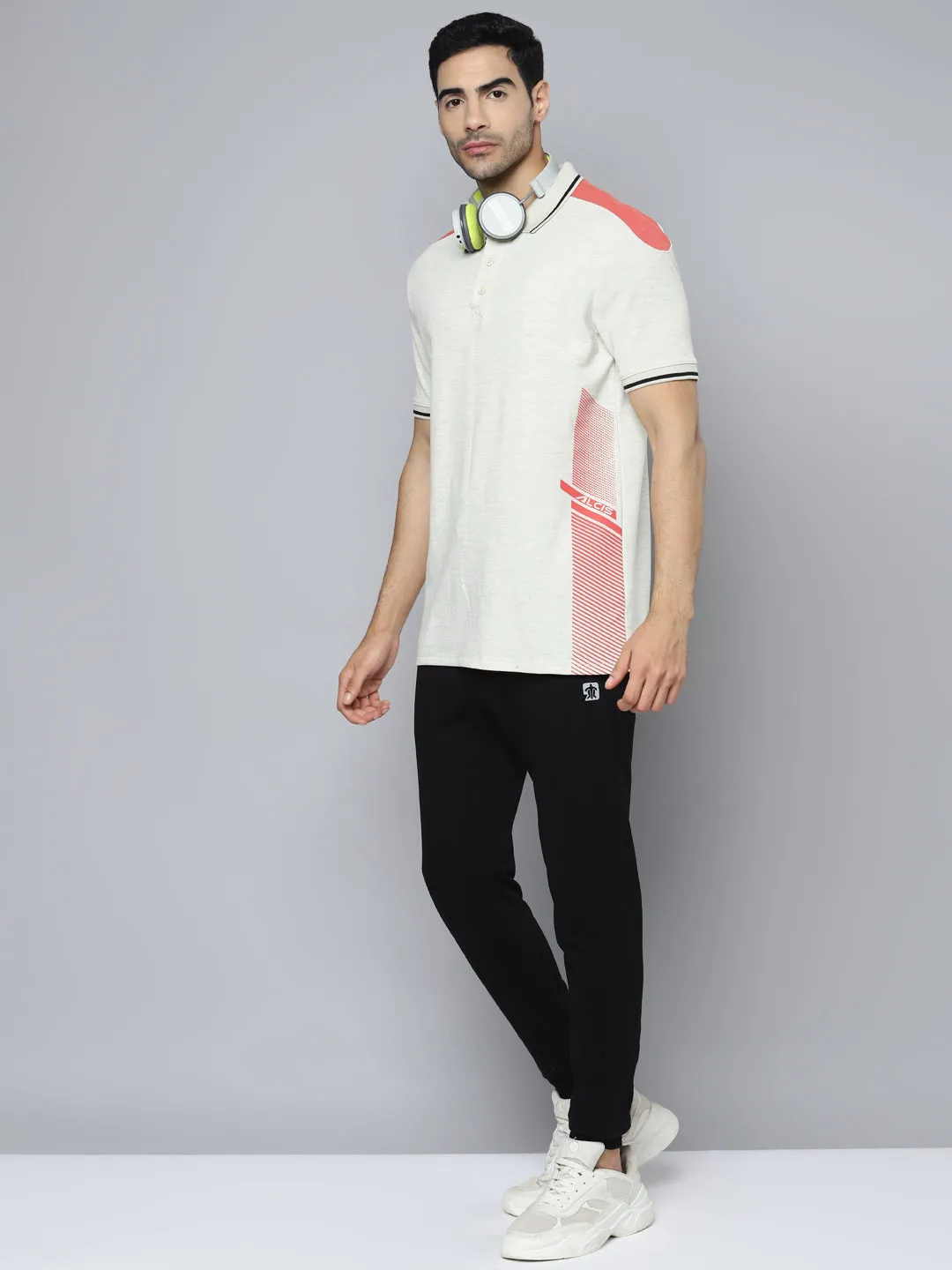 Alcis Men Off White Red Printed Polo Collar T-shirt
