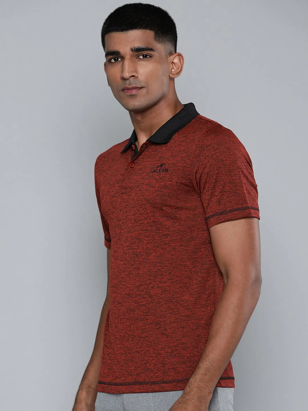 Alcis Men Red Black Melange Effect Polo Collar Slim Fit T-shirt