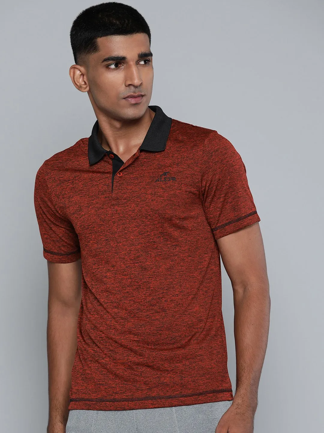Alcis Men Red Black Melange Effect Polo Collar Slim Fit T-shirt