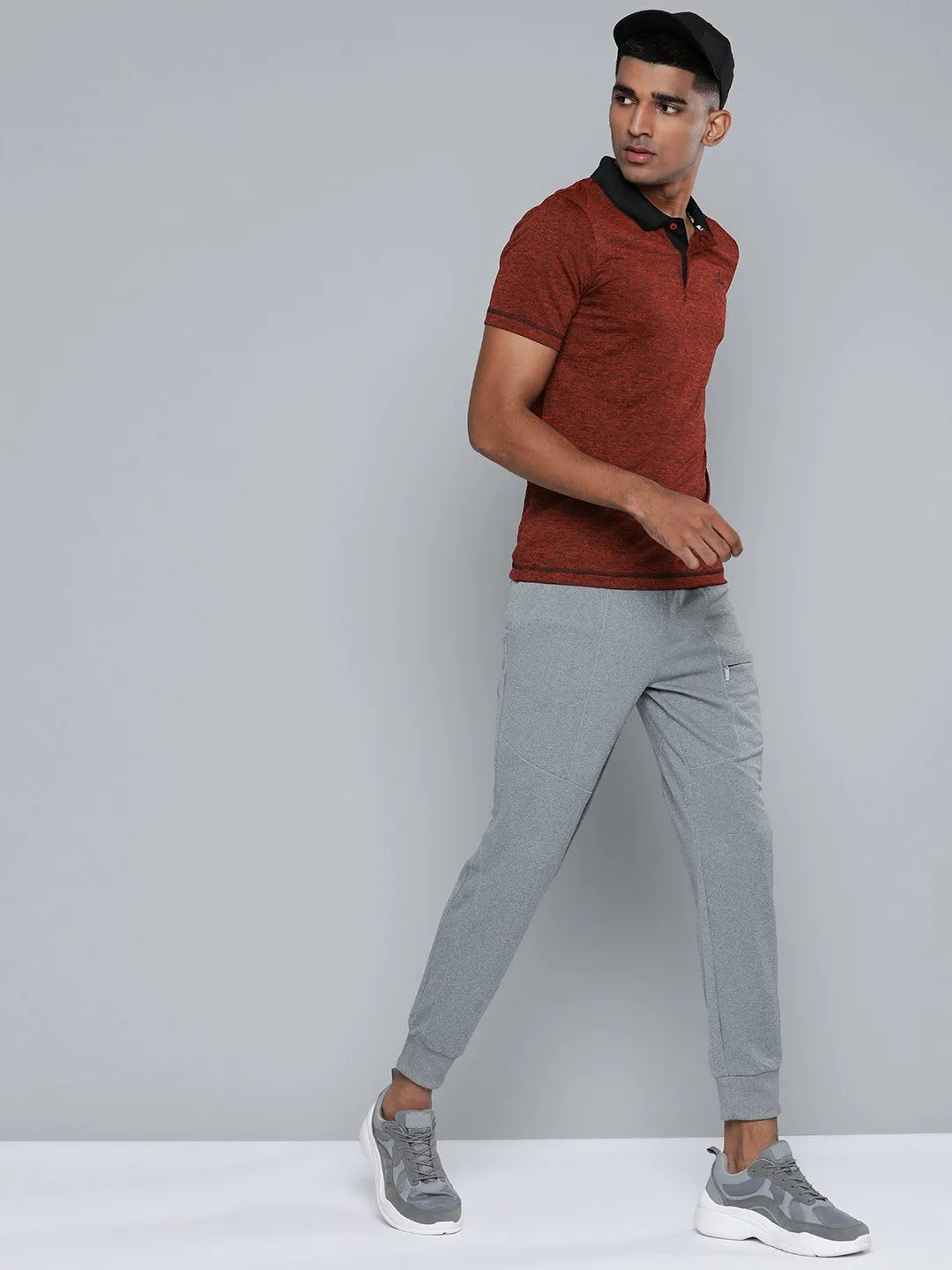 Alcis Men Red Black Melange Effect Polo Collar Slim Fit T-shirt