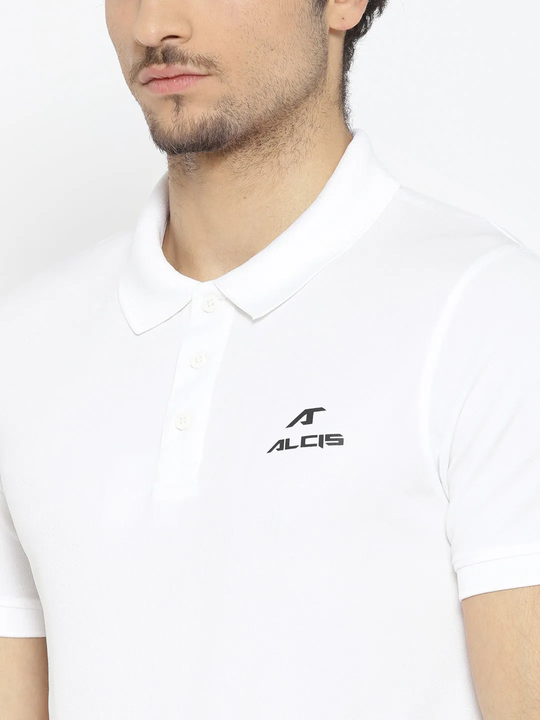 Alcis Men White Solid Polo Collar T-shirt