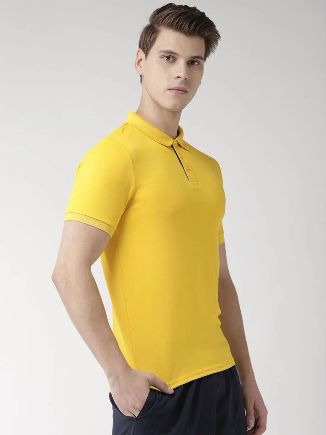 Alcis Men Yellow Solid Polo Collar T-shirt