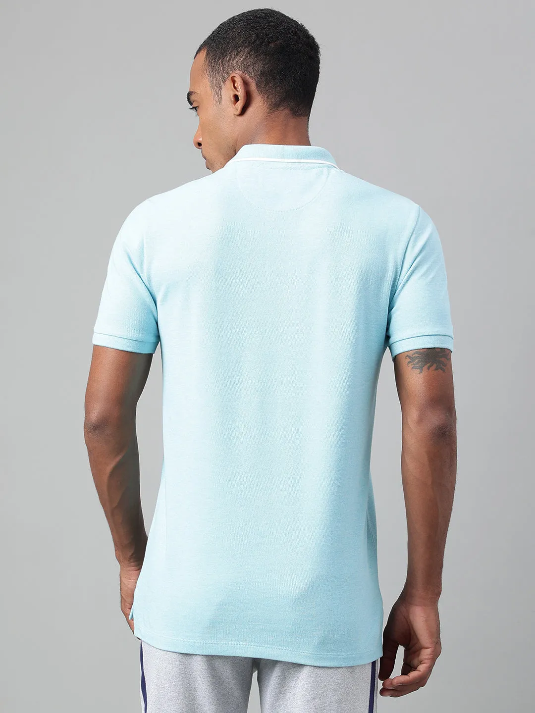 Alcis Men's Sky Blue Melange Soft-Touch Regular-Fit Athleisure Polo T-Shirt