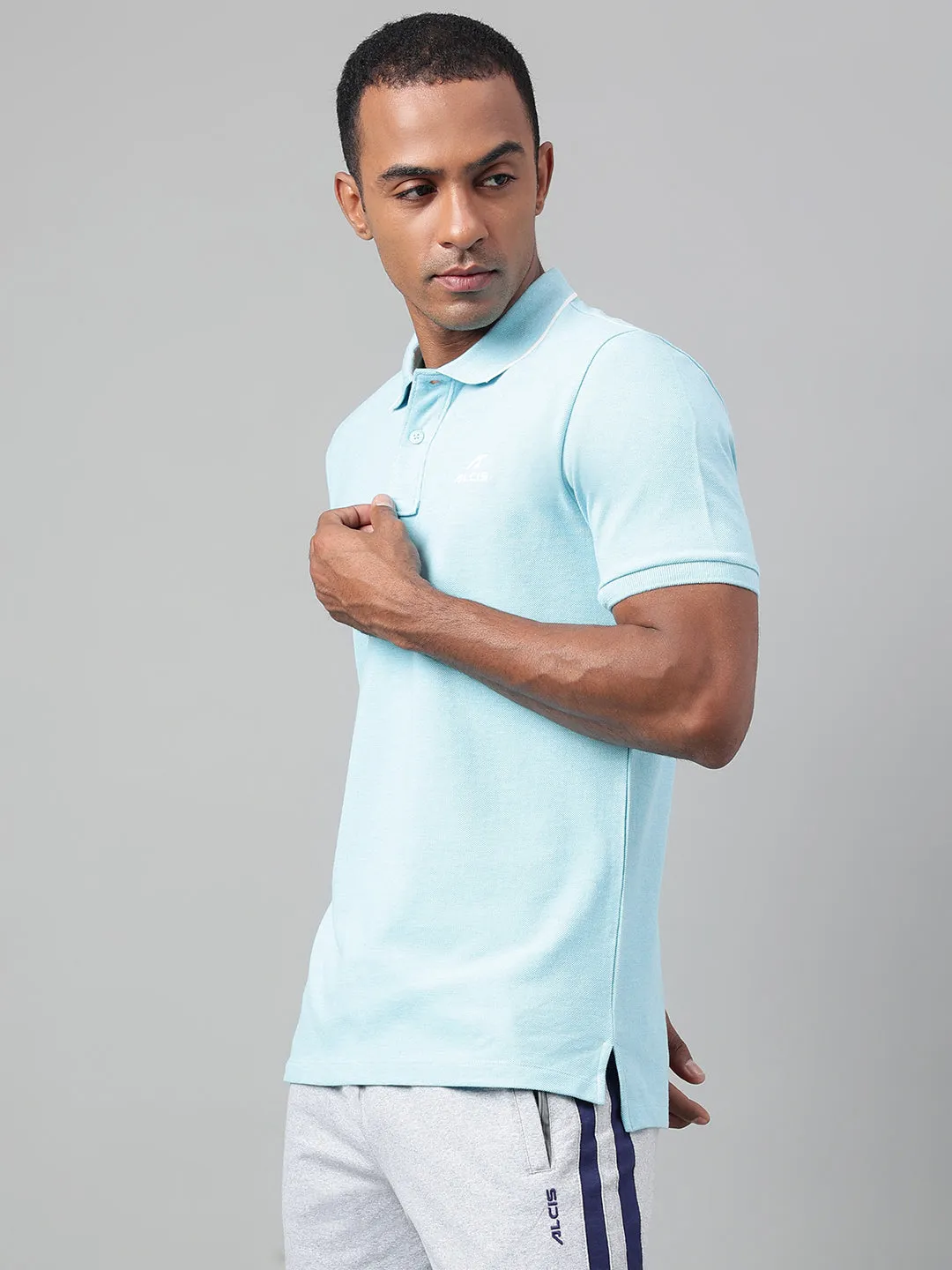 Alcis Men's Sky Blue Melange Soft-Touch Regular-Fit Athleisure Polo T-Shirt