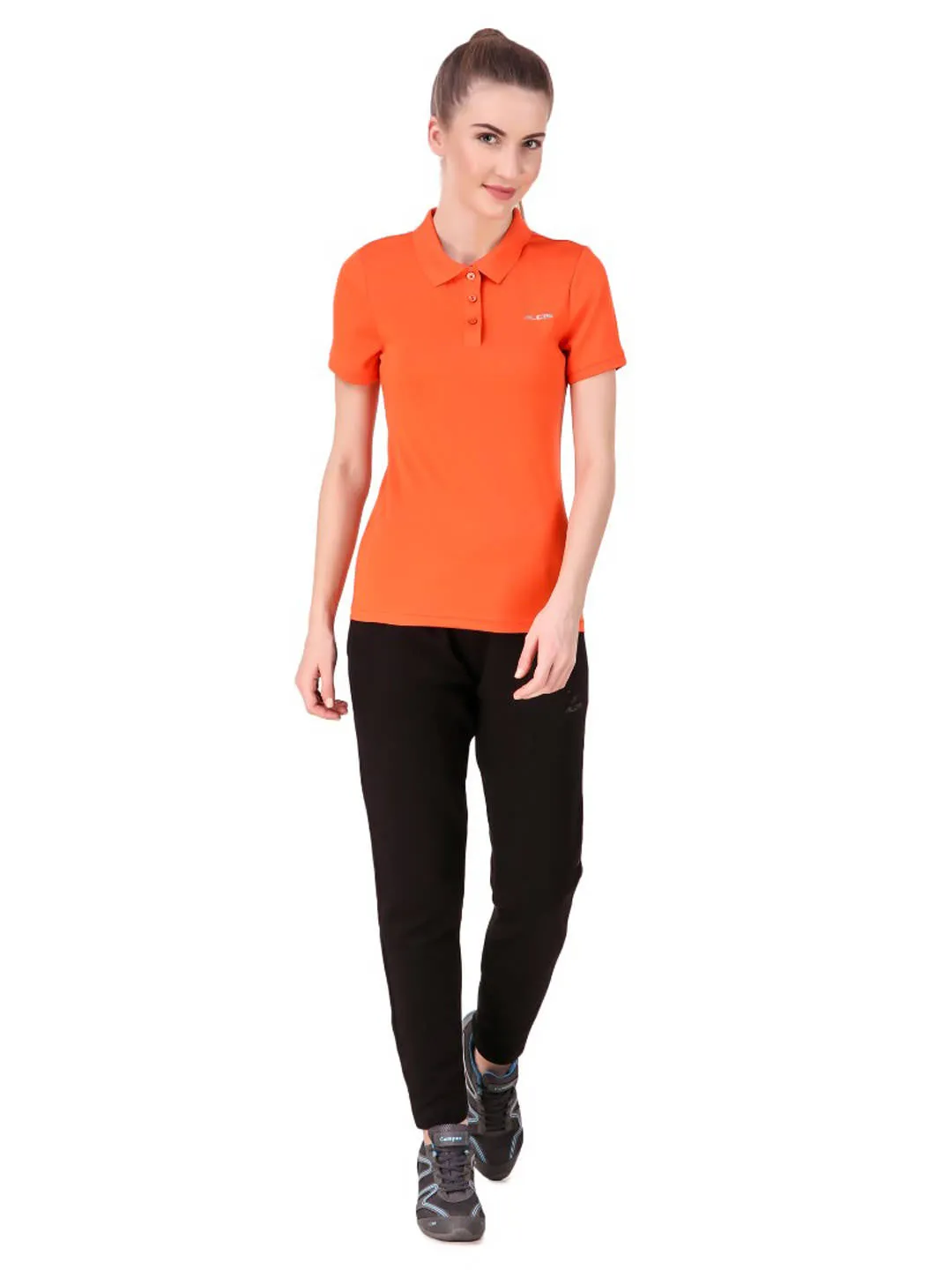 Alcis Women Orange Solid Polo Collar Sports T-shirt