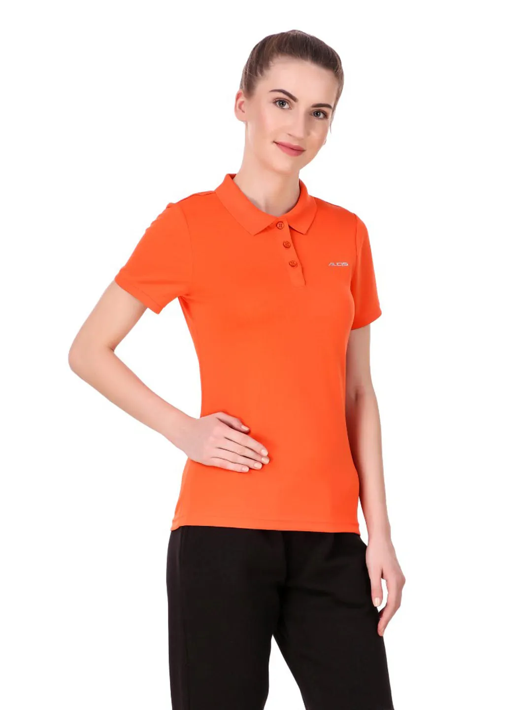 Alcis Women Orange Solid Polo Collar Sports T-shirt