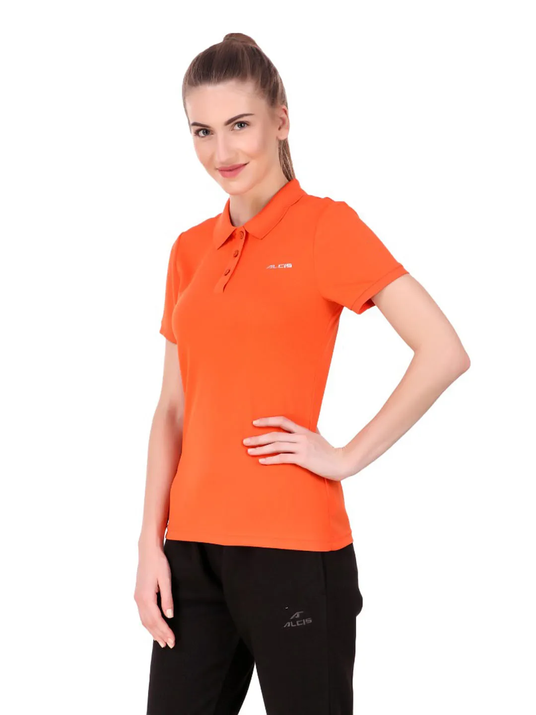 Alcis Women Orange Solid Polo Collar Sports T-shirt
