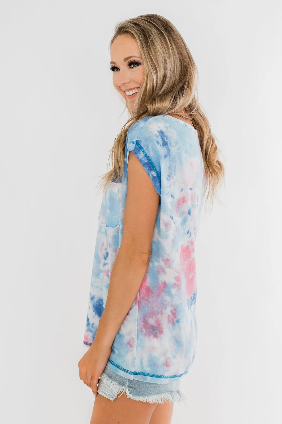 All Is Well Tie Dye Pocket Top- Blue & Pink